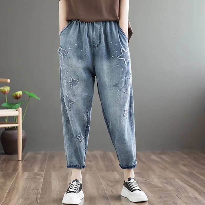 Pantalon Harem en Jean Brodé Femme Printemps Automne 2026 Délavé Coupe Ample Taille Élastique Rétro Décontracté Jean Neuf Poches Femme
