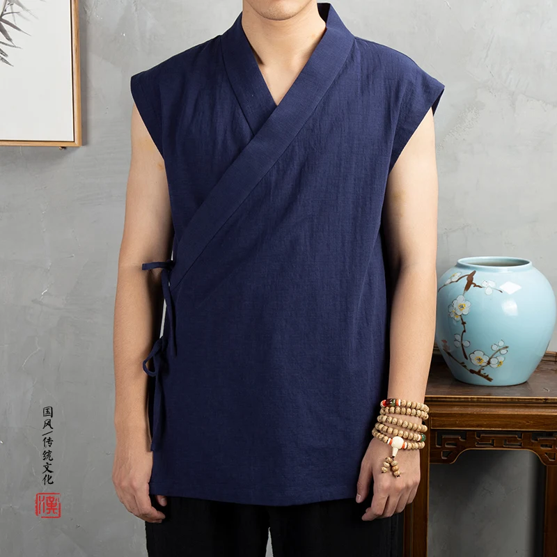 Vêtements traditionnels chinois Hanfu pour hommes, veste en fibre de coton lin, kimono imbibé Tang, cardigan masculin, manteau à point ouvert