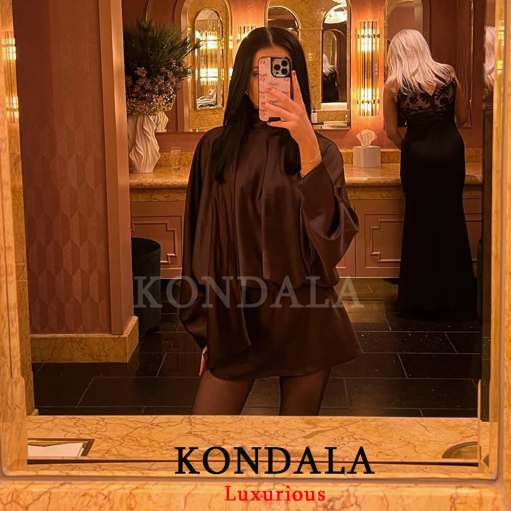 KONDALA élégant Chic Satin marron robe femmes à manches longues écharpe Mini robe de soirée mode 2025 soirée Club femmes robe