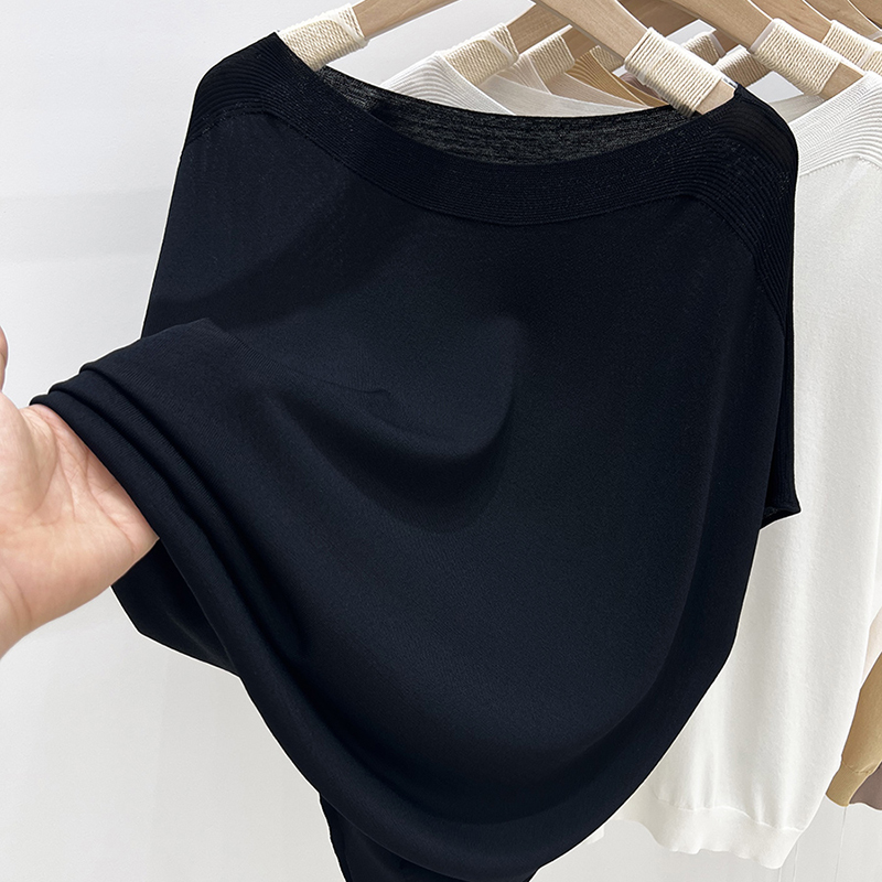 Vêtements pour femmes couleur unie glace soie tricoté T-shirt à manches courtes femmes été ample et mince manches chauve-souris haut de style étranger