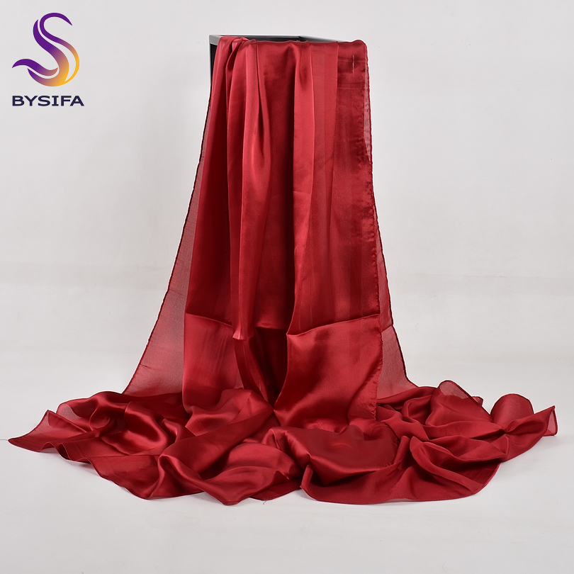 [BYSIFA] foulard en soie chinois hiver femmes longue écharpe en Satin châle de luxe vin rouge foulards Simple musulman plaine foulard 180*90 cm