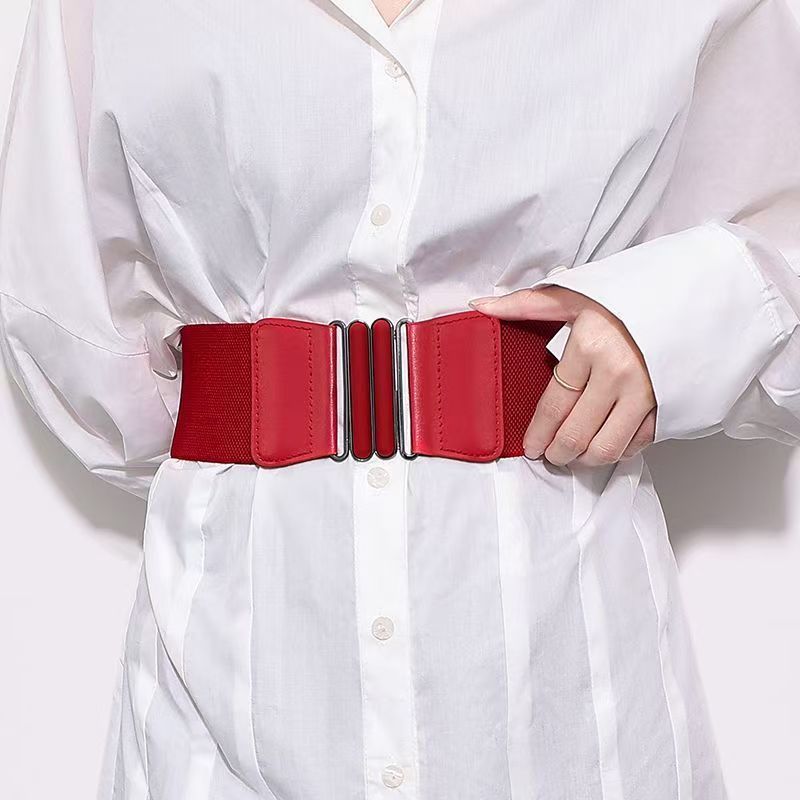 Robe version coréenne pour femmes, avec double bouton ovale, décoration de ceinture élastique et large ceinture corset en faux cuir