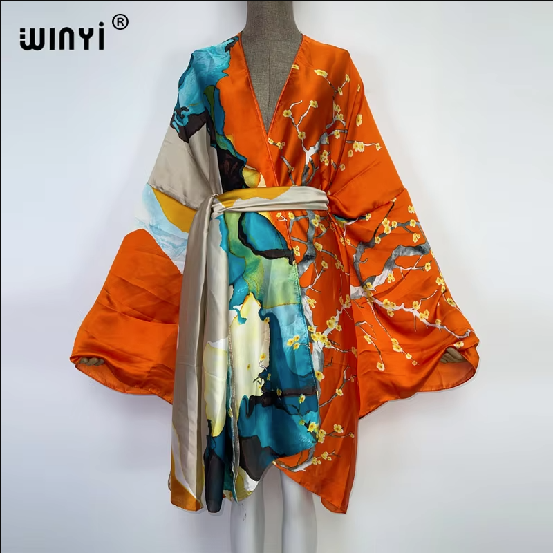 WINYI Kimono de défilé pour femme, imprimé, à ourlet bouffant, manteau, cardigan à manches longues, abaya, vêtement de plage de luxe de Dubaï, robe bohème, caftan