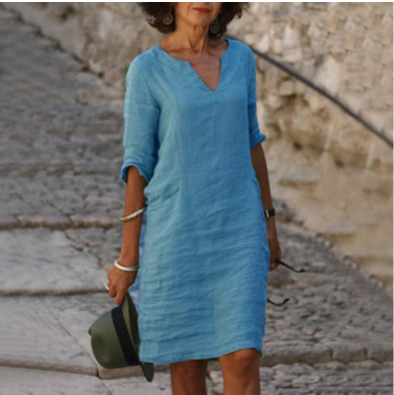 Robe mini vintage unie pour femme, mode estivale, col en V, manches trois quarts, robe décontractée pour femme, tenue de vacances