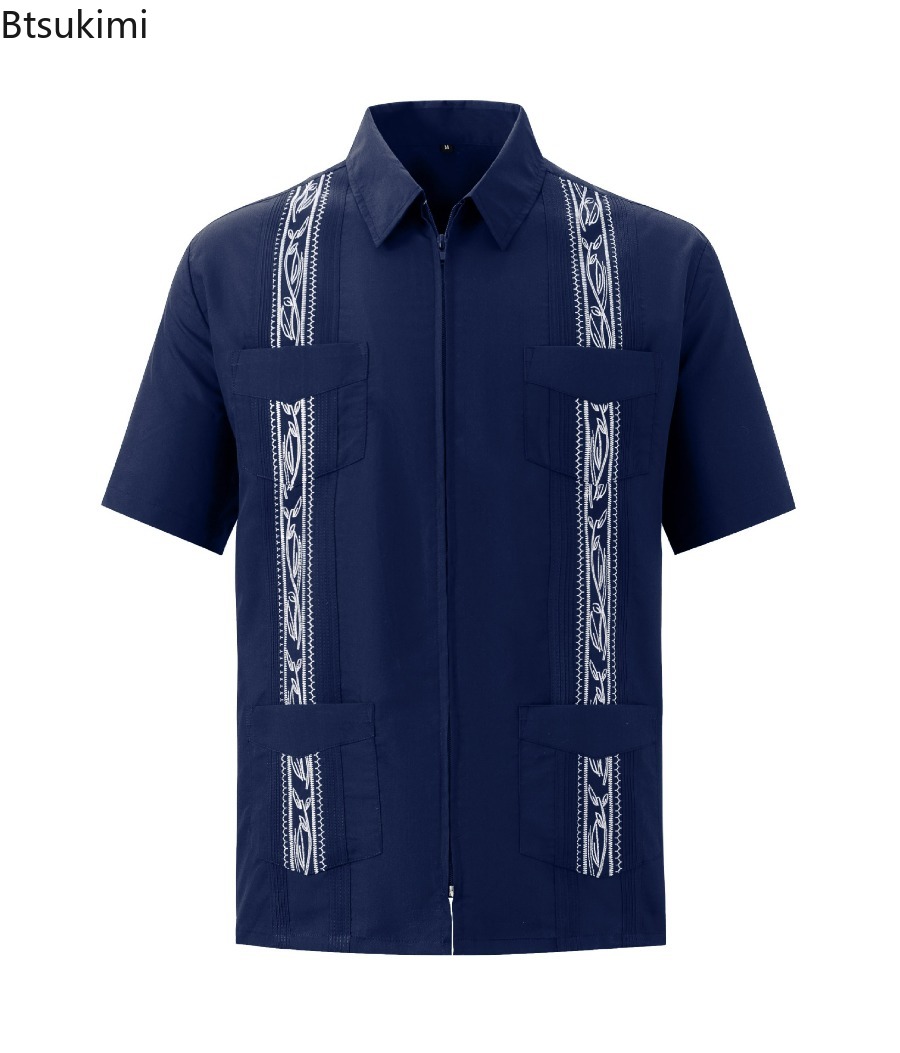 Chemises Guayabera pour hommes, vêtements traditionnels brodés à quatre poches, chemises cubaines mexicaines à manches courtes, nouvelle collection