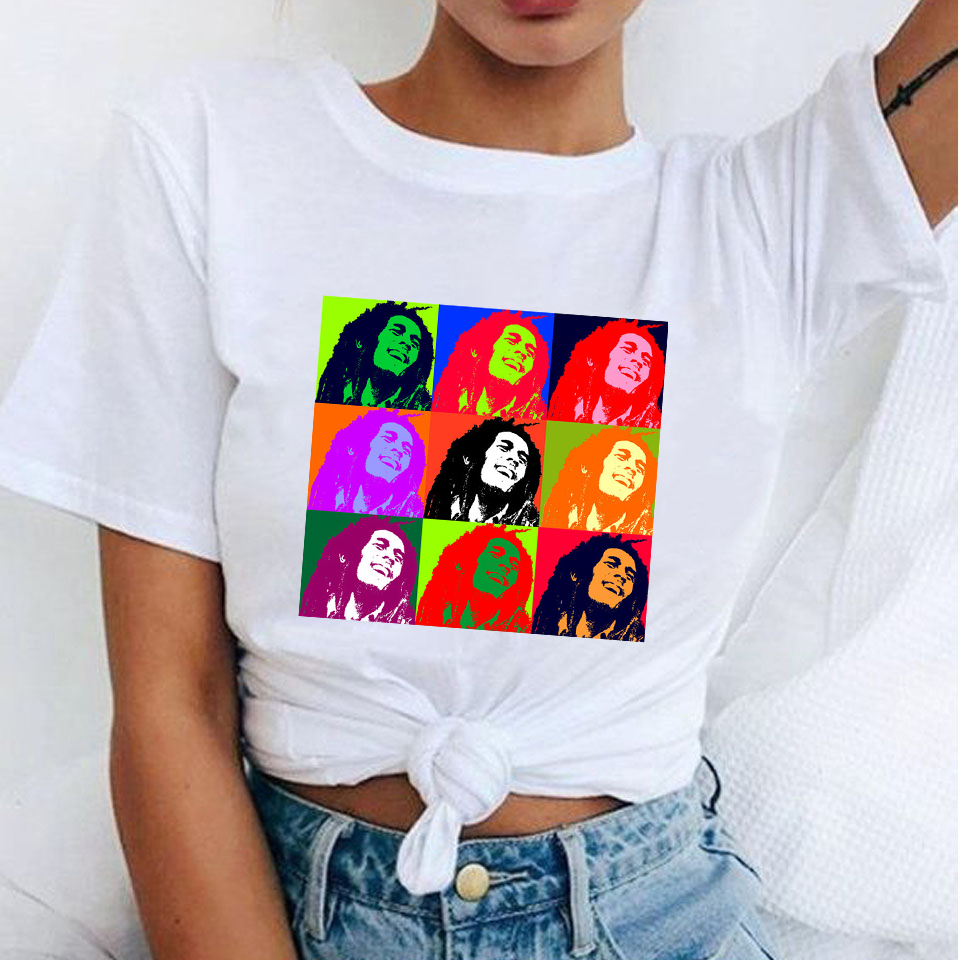 Mode femme T-Shirts Bob Marley imprimé décontracté col rond graphique t-shirt mignon à manches courtes T-shirts été hauts Harajuku chemise