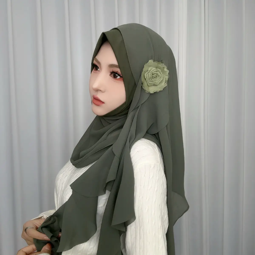 Rose Applique Design mousseline de soie musulman automne nouvelles enveloppes féminines Hijab