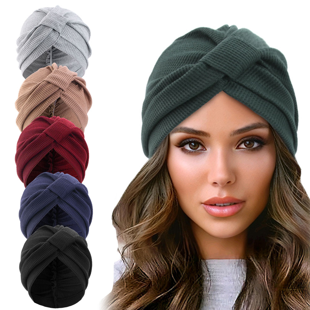 Chapeau turban musulman en coton, bonnet de chimiothérapie, bandanas, bonnet épais respirant, foulard carré gaufré, chapeau enveloppant élastique, chapeau indien