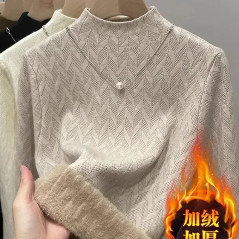 Pull pour femmes hiver peluche velours doublé épaissir demi col roulé respectueux de la peau Jacquard rayures pull thermique hauts pull