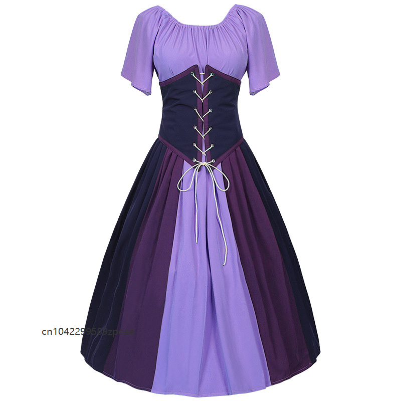 Robe de soirée pour femme, style médiéval rétro, à col unique, avec manches volantées en dentelle, patchwork et couleurs contrastées, pour Halloween