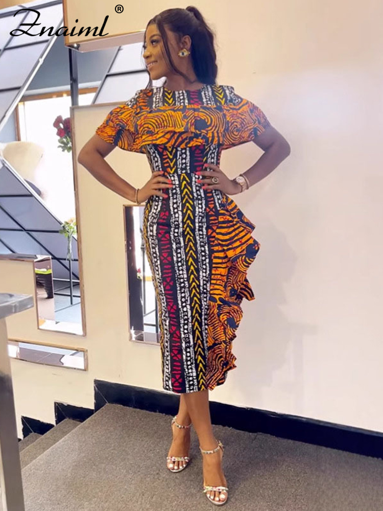 Znaiml Festival africain imprimer robes femmes élégantes été à manches courtes volants moulante Robe mi-longue mode vacances Robe de fête