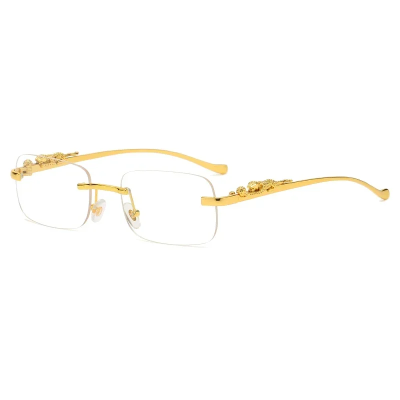 Lunettes de soleil rectangulaires avec charnière en métal, sans cadre pour hommes et femmes, verres transparents de forme rétro, garniture guépard, élégantes, UV400