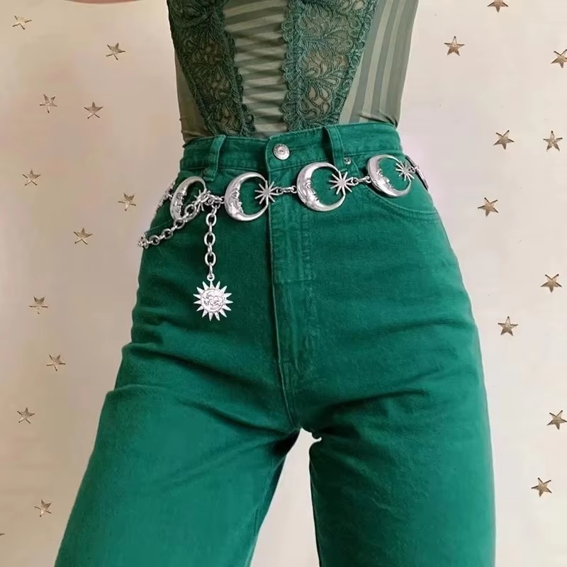 Ceinture de mode pour femme, chaîne fine en métal doré et argenté, style gothique, avec pendentif lune argenté, vintage, pour taille haute