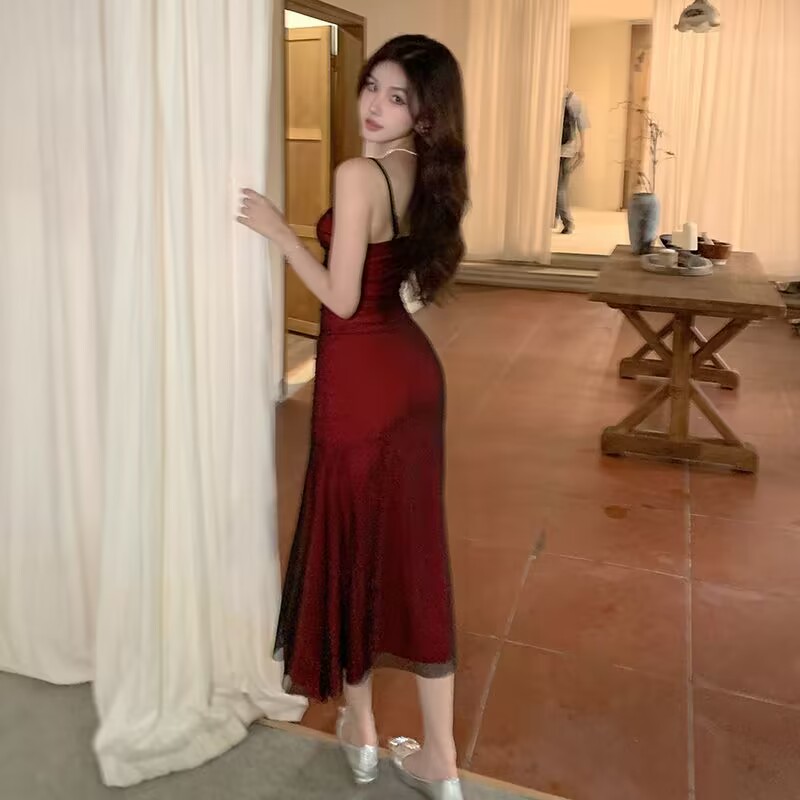 Robe longue froncée à bretelles spaghetti pour femmes, corset français, rouge vin, tenue de soirée élégante, vintage