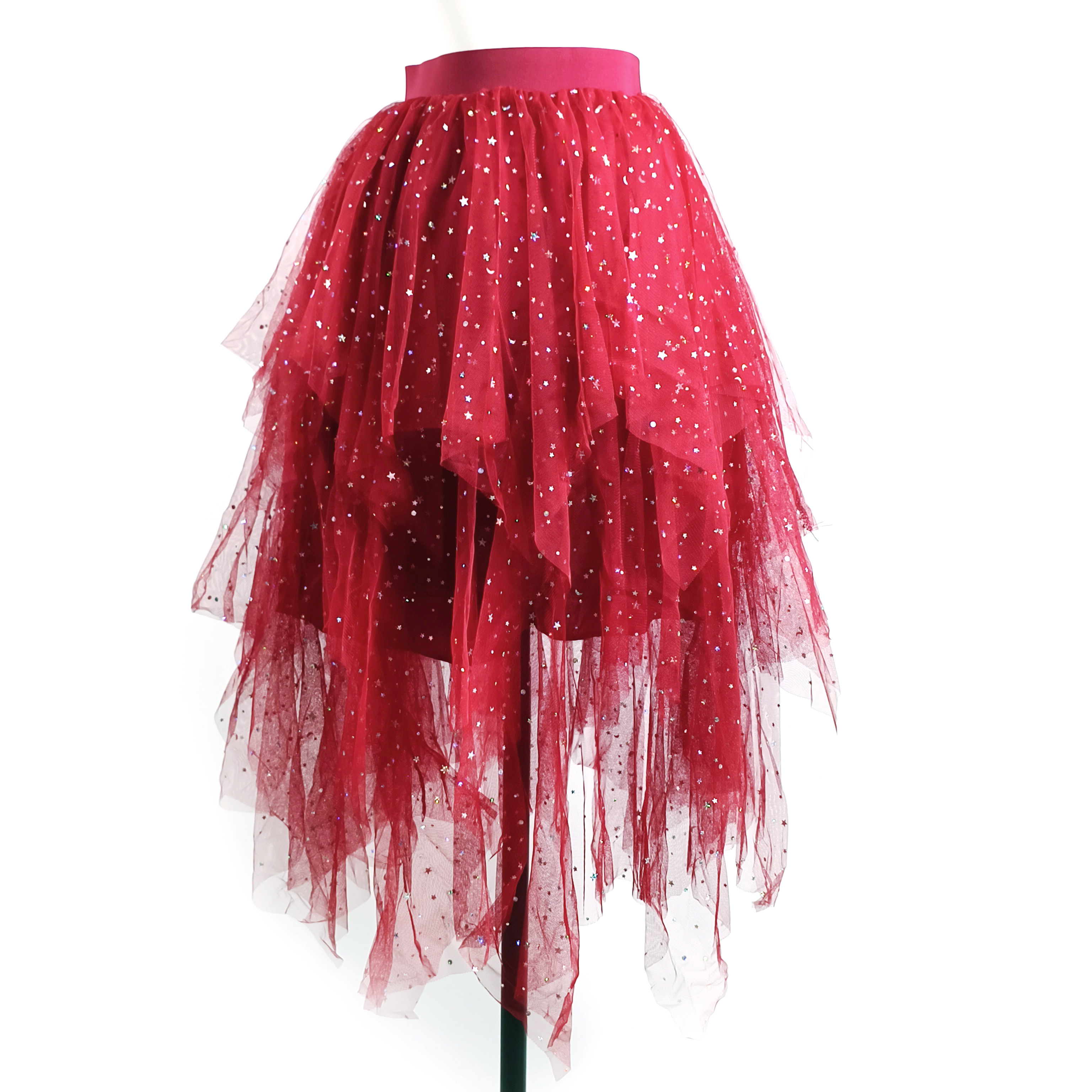 Jupe en tulle à sequins pour soirée de bal, jupe asymétrique à volants scintillante pour femme, jupe en tulle à volants pour spectacle de danse et fête