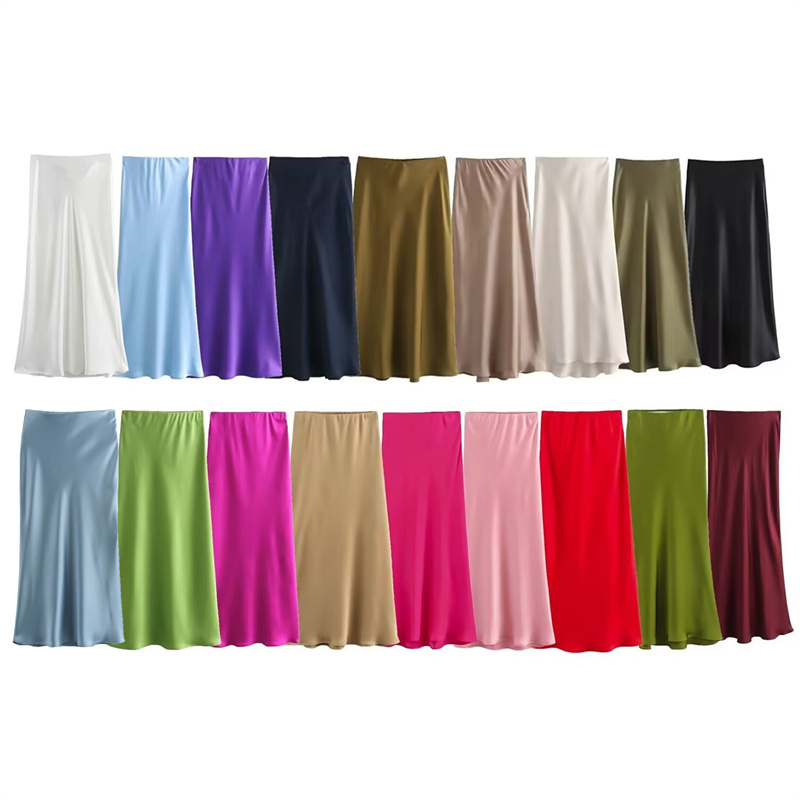 Jupe longue élégante en satin soyeux pour femme, collection Printemps-Été 2026, taille élastique unie, 20 couleurs