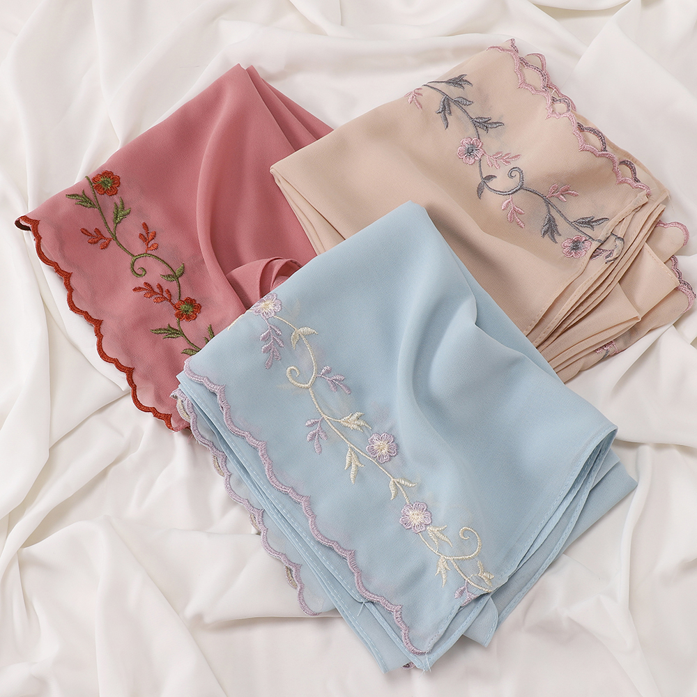 Hijab en Chiffon Brodé Floral avec Bord Ondulé, Écharpe pour Femmes Musulmanes, Voile Doux, Châle Islamique pour Dames