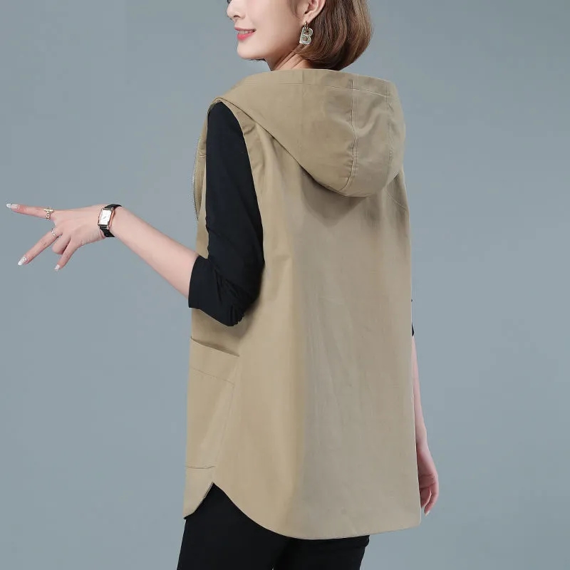 Gilet mi-long pour femme, nouvelle collection printemps 2026, style coréen, sans manches, décontracté, à capuche, avec fermeture éclair, veste d'extérieur