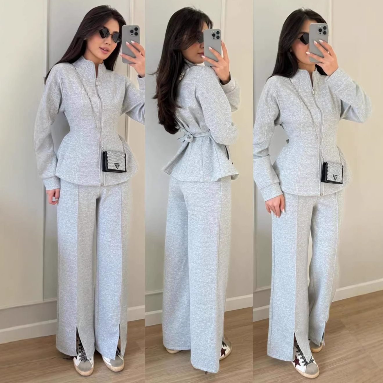Ensemble de survêtement 2 pièces pour femme : veste à col montant zippée et pantalon fendu – Collection Printemps 2026