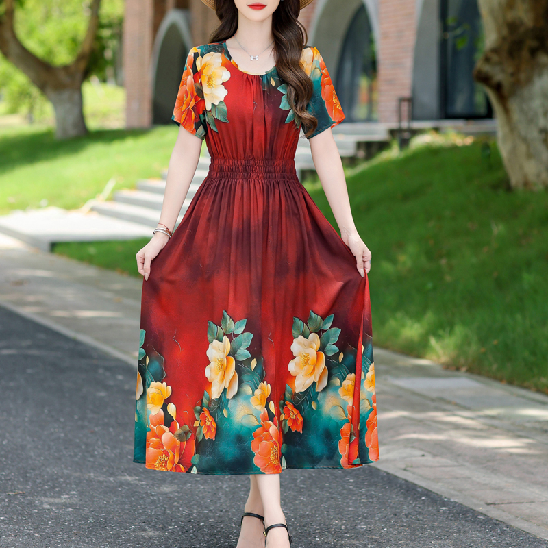 Robe d'été pour femmes, imprimé Floral, manches courtes, élégante, Vintage, col rond, vêtements pour femmes, nouvelle mode 2025
