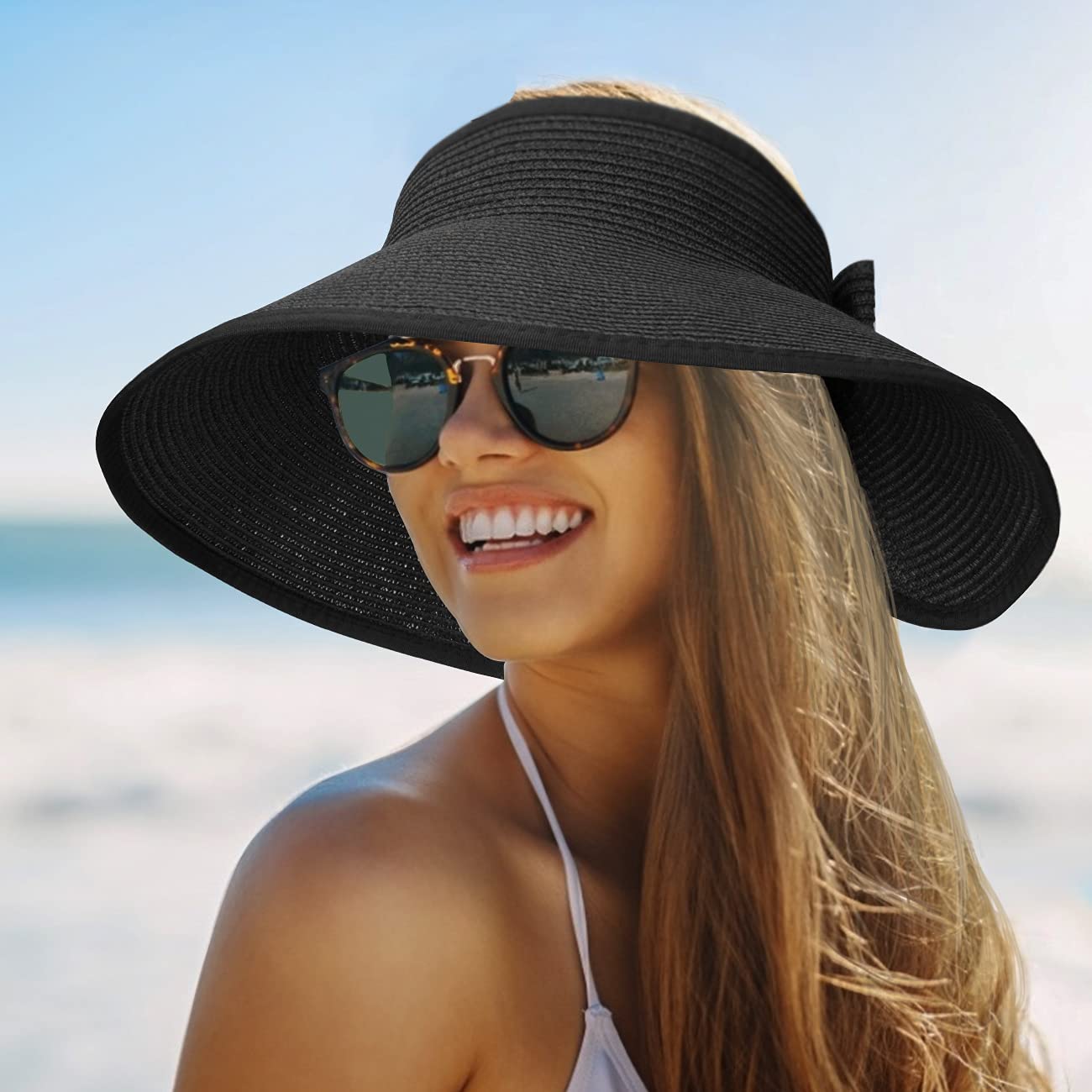 Chapeau Visière d'Été pour Femme - Élégant et Résistant aux UV pour la Randonnée en Plein Air, Casquette de Soleil Pliable à Large Bord, Chapeau de Plage en Paille