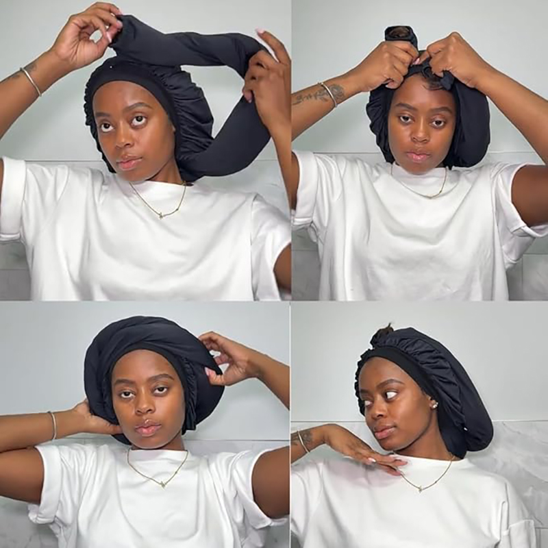 Bonnet de nuit en satin pour femme, avec longue queue pour tresses, bonnet de douche et de sauna