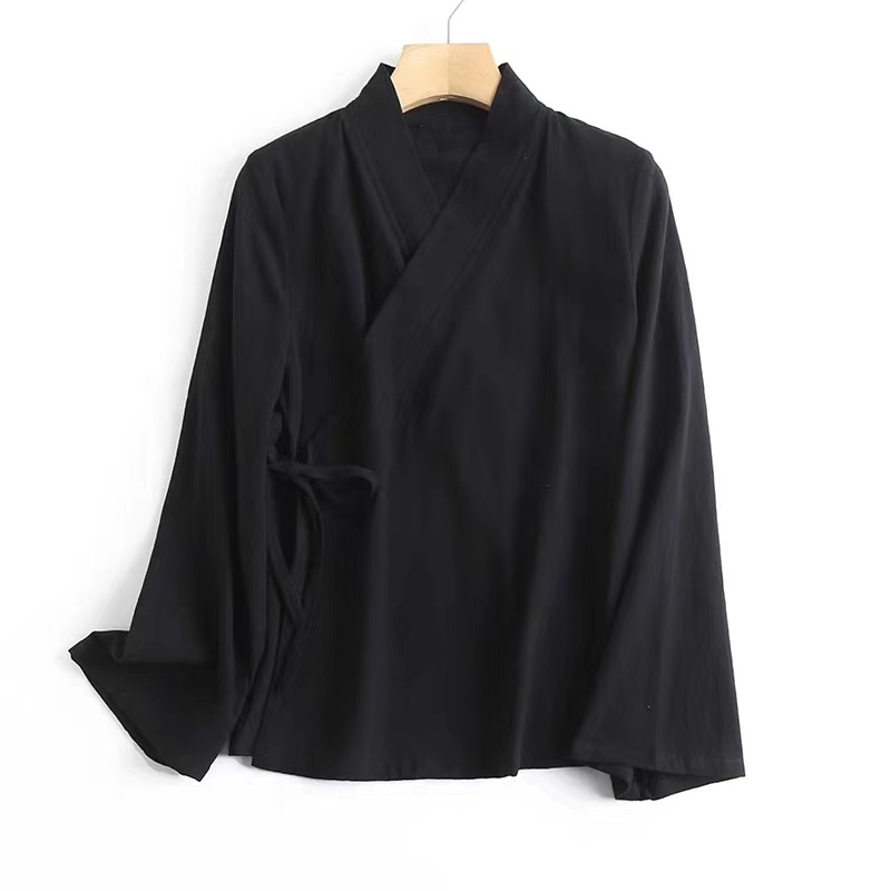 Style chinois femmes Wrap cravate devant Kimono chemise Blouse printemps été Boho coton Cardigan haut noir blanc Vintage vêtements