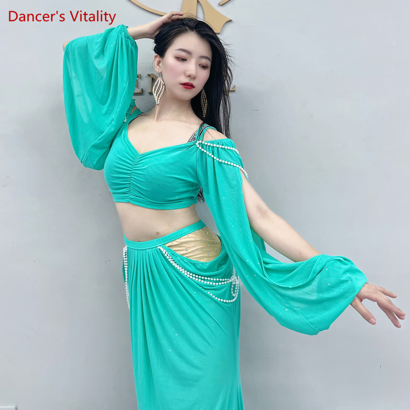 Vêtements de danse du ventre en maille pour femmes, haut à manches perles + jupe longue, ensemble de Costumes Oriental pour filles, tenue d'entraînement féminine, 2 pièces