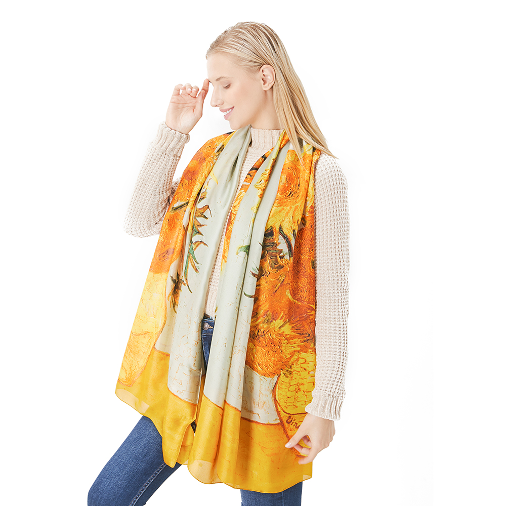 Foulards de printemps en soie pour femmes, imprimé numérique, châles de tournesol, Foulard de luxe de styliste, enveloppes Van Gogh, peinture à l'huile, Hijab