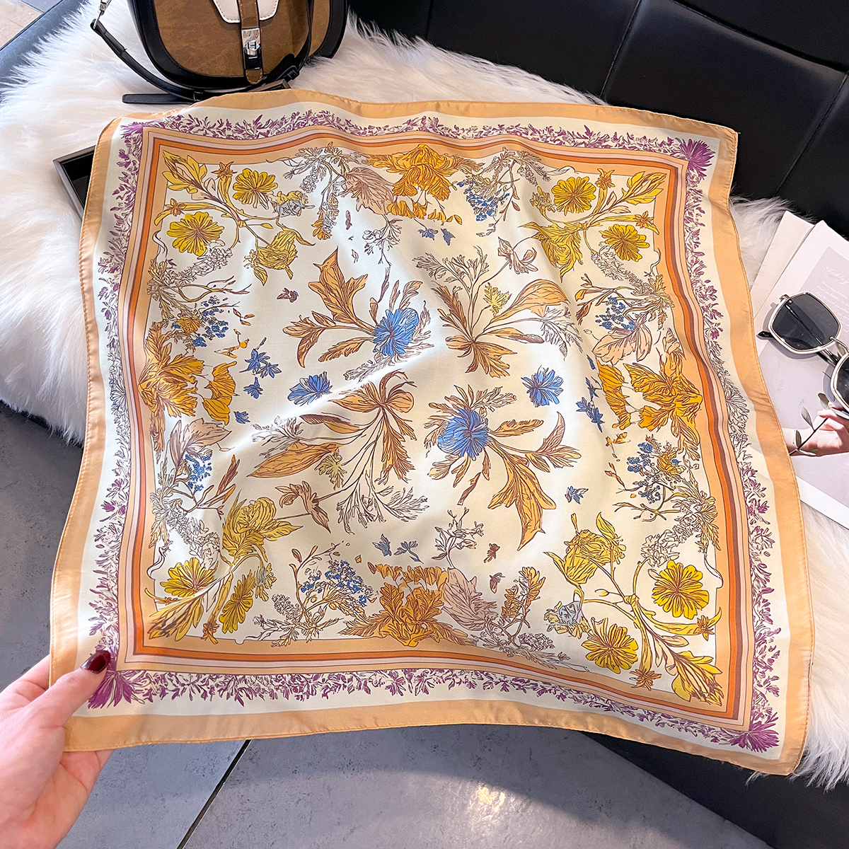 Nouveau Foulard Carré Imprimé Floral 2026 pour Femme – Écharpe en Fibre de Polyester Printemps-Été, Ruban de Sac Tendance, Bandeaux Cheveux, Bandana