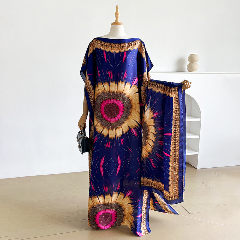 Robe Kaftan d'été tendance pour femme avec grand foulard, Abaya ample, Robe décontractée musulmane imprimée, Style africain, Dubaï, Turquie