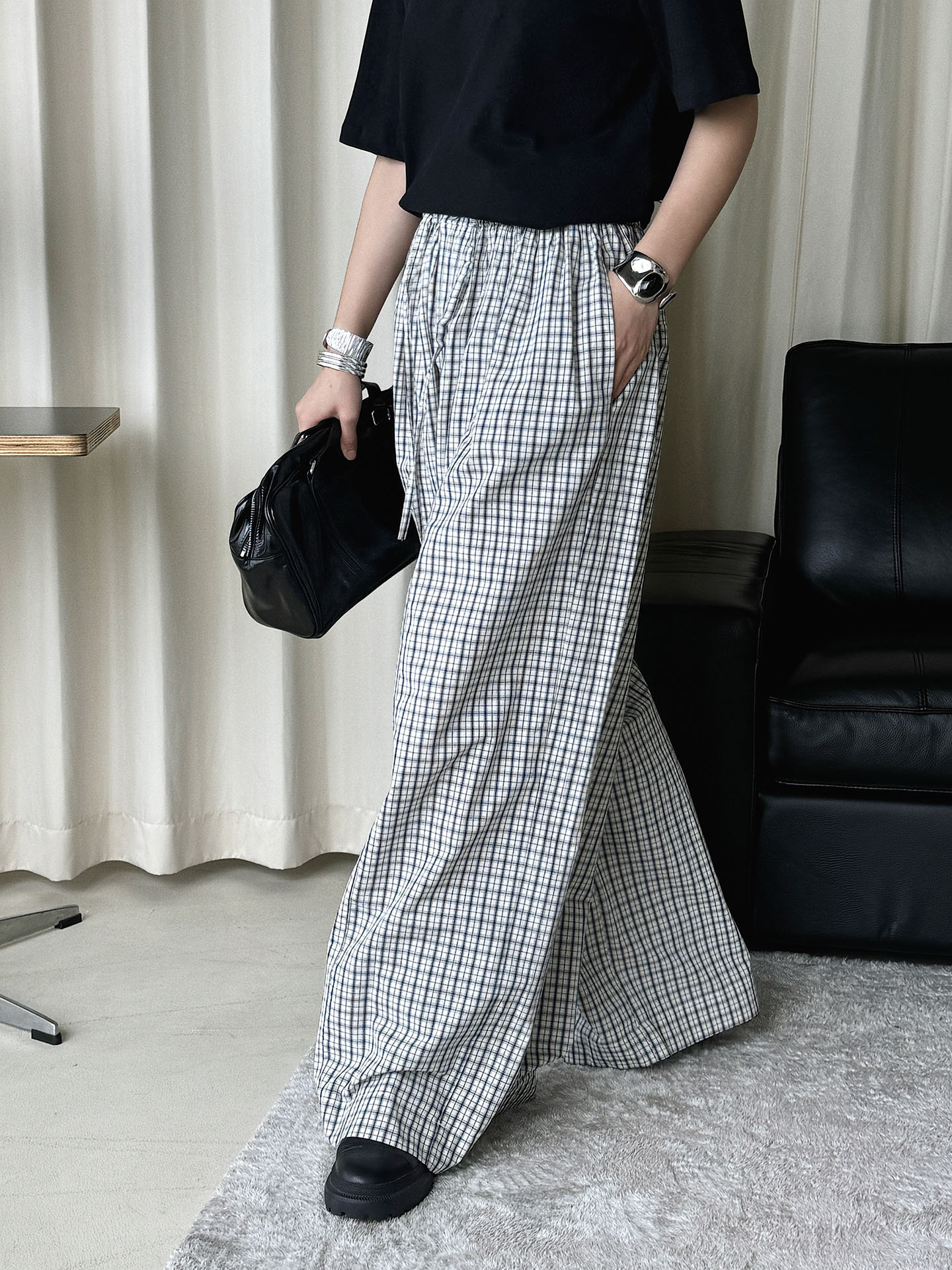 Pantalon décontracté à carreaux de style japonais pour femmes, avec cordon élastique, nouvelle collection d'été