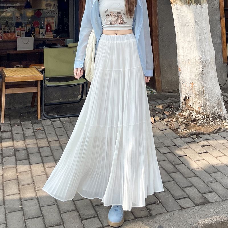 Printemps été femmes jupes Vintage taille haute élastique Patchwork blanc noir Chic longue gâteau a-ligne jupe jupes longues pour les femmes