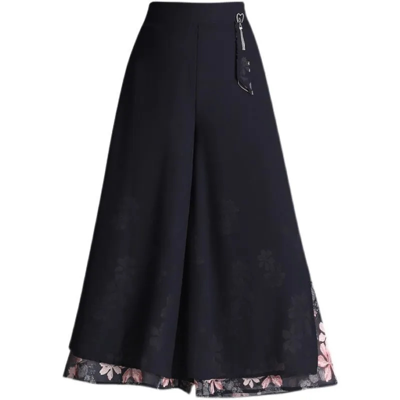 Pantalon capri imprimé noir pour femme, pantalon large en mousseline de soie mince, taille haute, pantalon baggy décontracté vintage, mode coréenne, été, 3XL