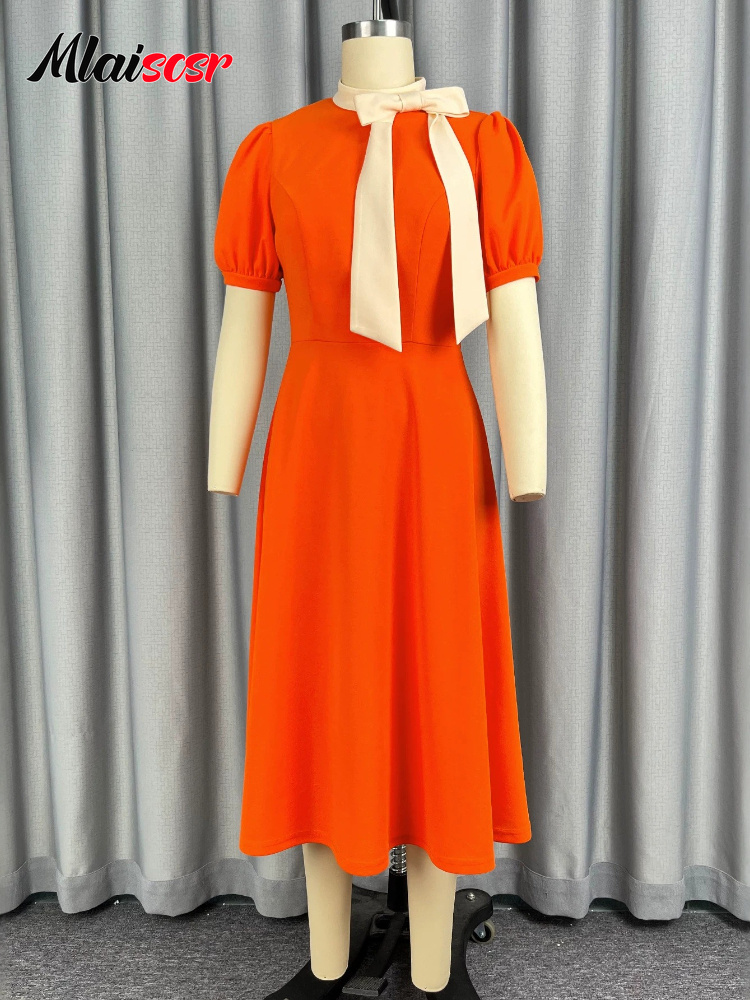 Robe midi orange à col à nœud pour femme, coupe trapèze, manches bouffantes, ajustée, tenue élégante pour soirée cocktail, mariage, soirée africaine
