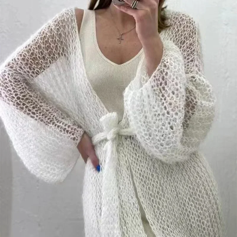 Cardigan en tricot pour femme, style ouvert, avec poches avant, couleur unie, coupe longue et ample, pour l'automne et l'hiver