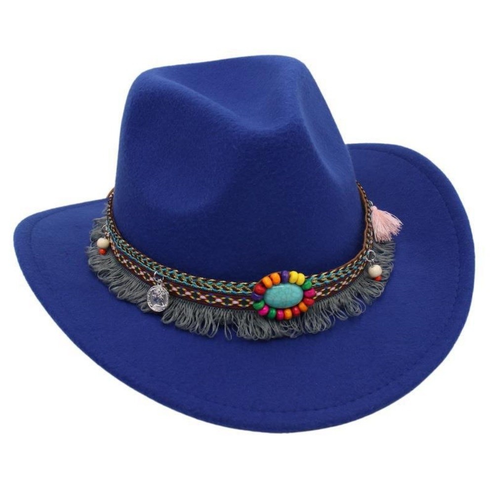 Chapeau de cowboy de style ethnique occidental, couleur unie avec pompons, chapeau tibétain à large bord, chapeau de cowgirl coloré à bord roulé en corde