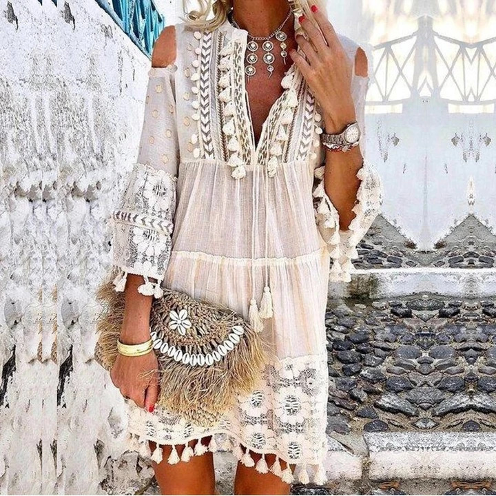Plage Boho blanc dentelle mode ue Mini robe femmes automne Pop gland lâche col en V robes dame femme vêtements