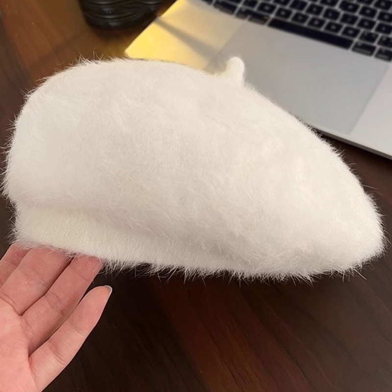 Béret d'hiver chaud en peluche pour femme, chapeau de gavroche doux en fausse fourrure de lapin, résistant au froid, pour femme et fille, élastique, couleur unie, chapeau de peintre et d'artiste