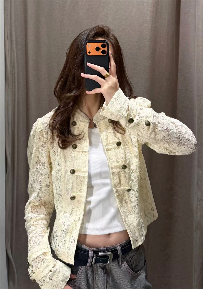 Veste Femme Guobioziy Nouvelle Collection Automne 2026 Jaune Clair Manches Longues Dentelle Boutons Décoratifs Coupe Slim Élégante