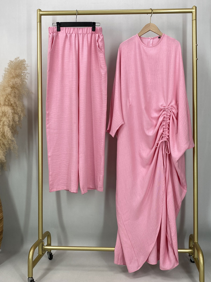 Ensemble Abaya Modeste 2 Pièces, Robe Kaftan Longue Fendue à Volants et Pantalon à Jambes Larges, Tissu Plissé, Tenue pour Femmes Musulmanes