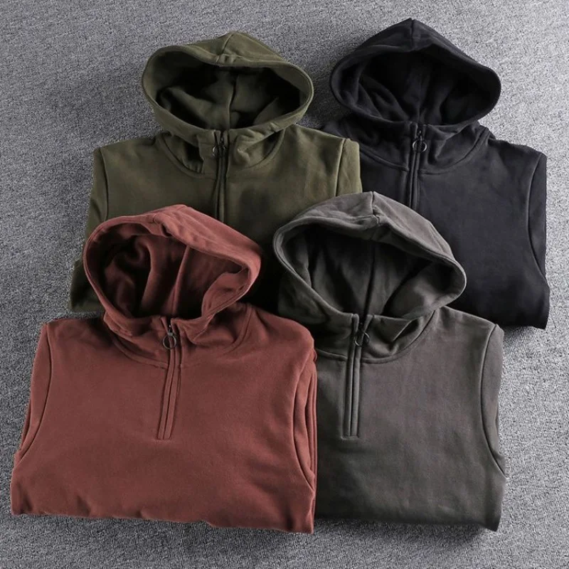 Sweat-shirt noir à demi-fermeture éclair pour homme, vêtement chaud, solide, polaire, Y2k, Vintage, haute qualité, Style coréen, ample
