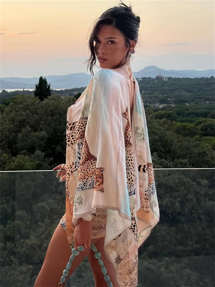 Nibber Bouffée Manches Dos Nu Robe Femmes Coloré Imprimé Léopard Sexy Profond V-Cou Patchwork Hottie Vacances Party Club Moulante