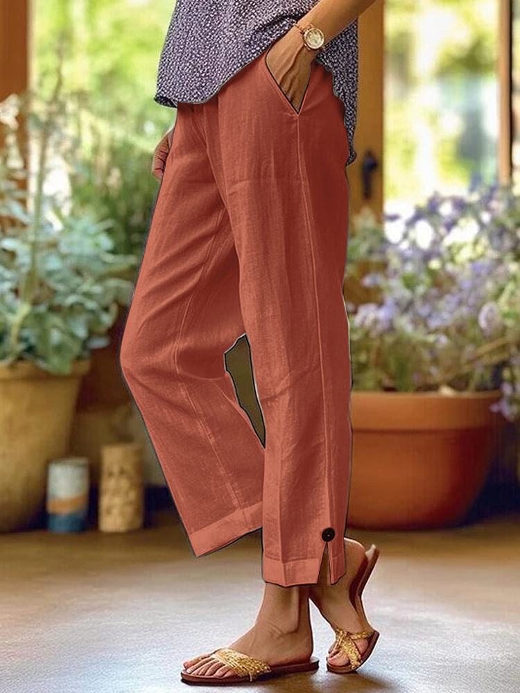 Pantalons décontractés pour femmes mélange de coton et de lin taille élastique poche mode Simple fente bouton basique polyvalent jambe droite pantalon