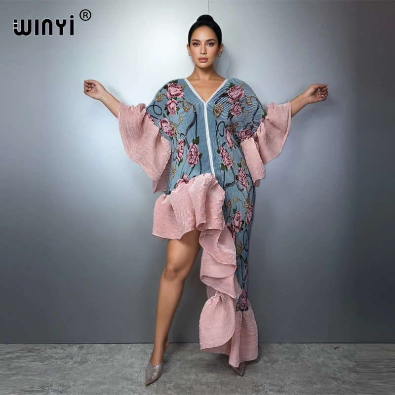 Robe Kaftan Maxi Bohème WINYI Style Moyen-Orient Élégante Plissée Cache-maillot de Plage Élastique Luxe Soirée Fête Dubaï Abaya