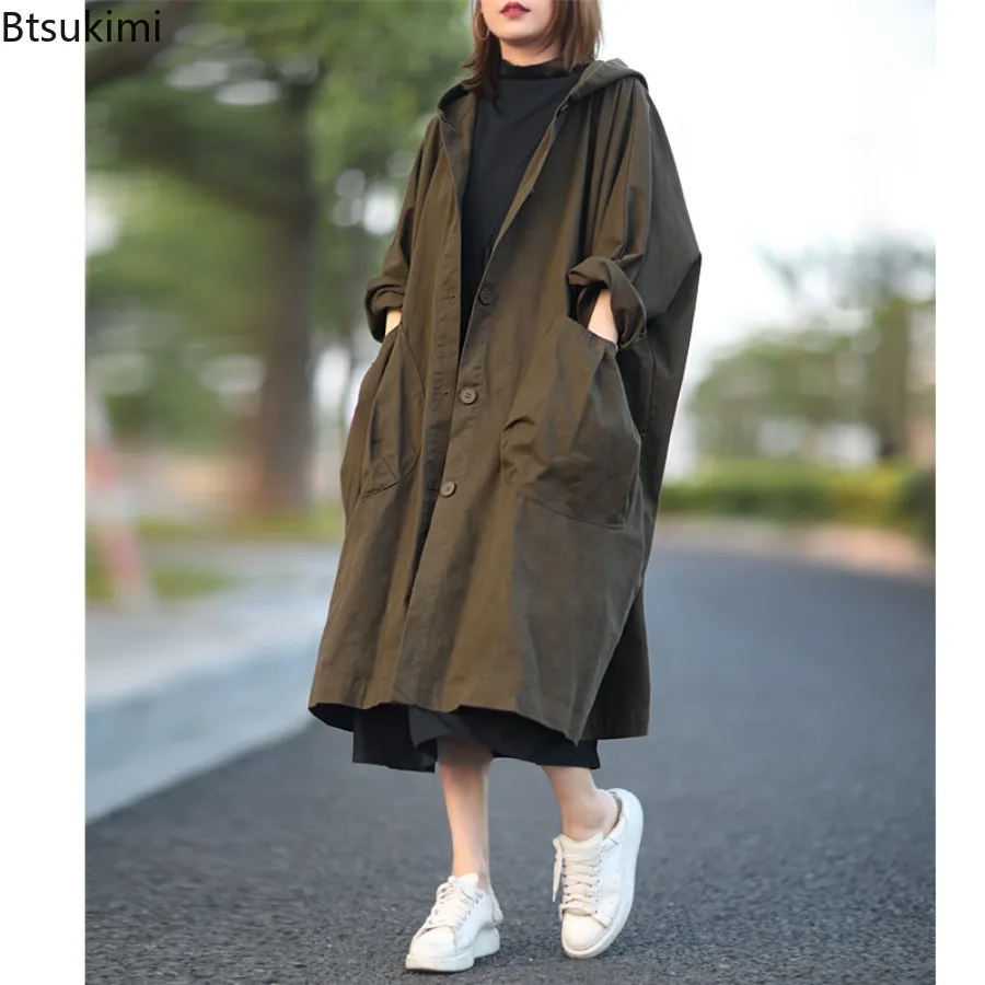 Manteau à capuche style coréen tendance 2026 pour femme, coupe ample décontractée avec grandes poches, trench-coat rétro mi-long pour femme, coupe oversize