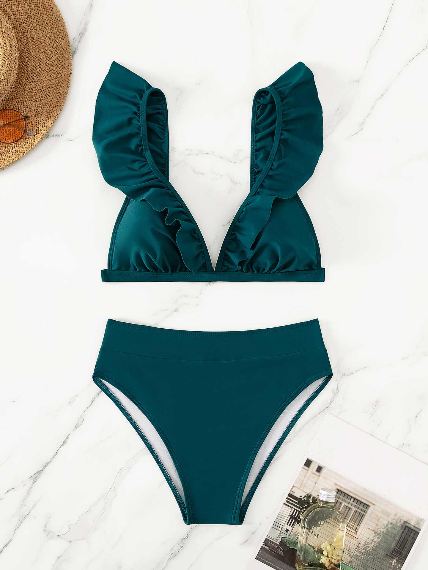 Ensemble bikini push-up à volants sexy, soutien-gorge en V, maillot de bain plissé rouge taille haute pour femme, maillot de bain d'été, ensemble de bain 2 pièces, tenue de plage 2027