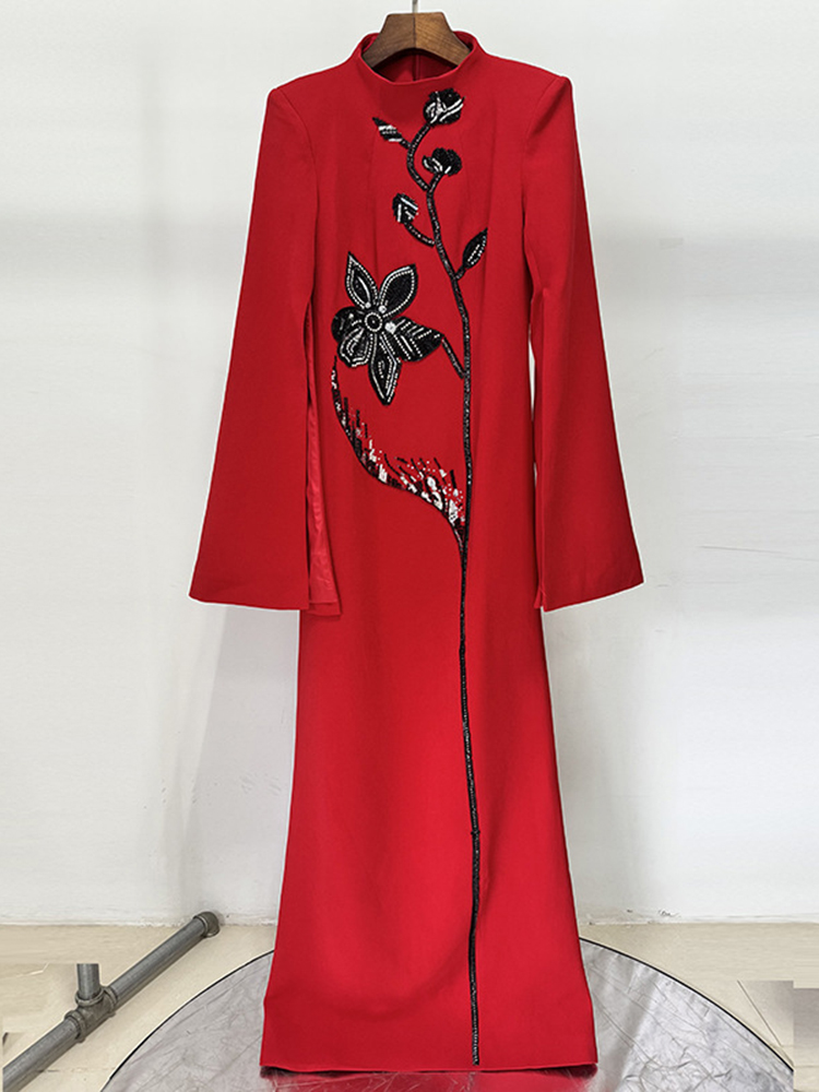 HIGH STREET Nouvelle Collection 2026 Robe Longue Maxi de Soirée Designer pour Femme, à Fleurs, Ornée de Perles et de Diamants, avec Manches Fendues