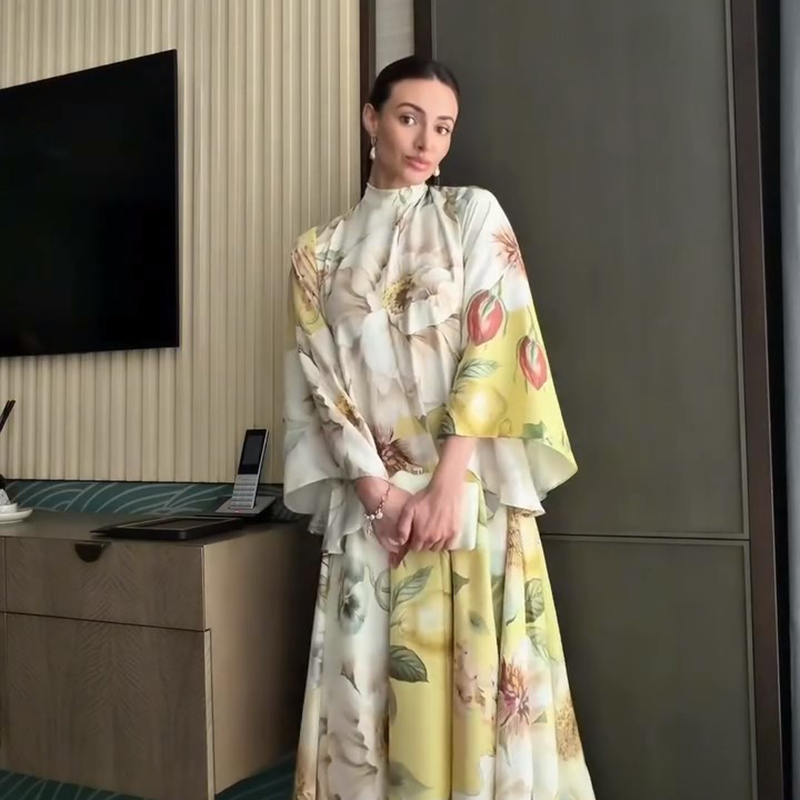 Robe imprimée pour femme, col rond, manches larges, taille haute, longue, style swing, tenue de rendez-vous, mode quotidienne, style 2026