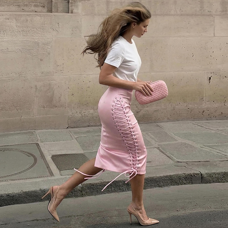Jupe midi pour femme, taille haute, avec lacets latéraux, jupe moulante ajustable à la taille, idéale pour les sorties en ville, nouvelle collection 2026 pour femmes.